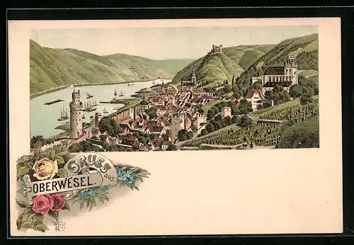 Lithographie Oberwesel, Gesamtansicht aus der Vogelschau