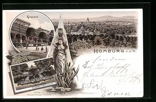Lithographie Homburg v. d. H., Elisabethbrunnen, Kurhaus, Ortsansicht aus der Vogelschau