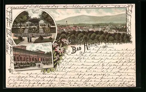 Lithographie Bad Homburg, Elisabeth-Brunnen, Ansicht vom Kurhaus