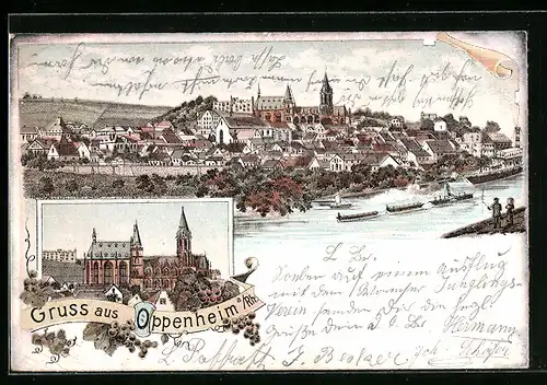 Lithographie Oppenheim a. Rh., Gesamtansicht, Ausblick auf die Kirche