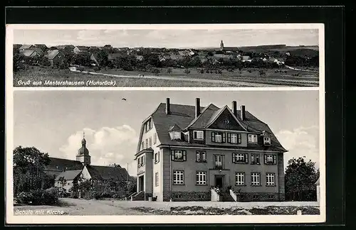 AK Mastershausen /Hunsrück, Schule mit Kirche, Totalansicht