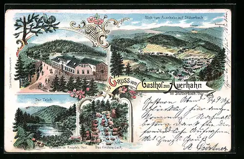 Lithographie Stützerbach, Gasthof zum Auerhahn, Blick auf den Ort, Teich