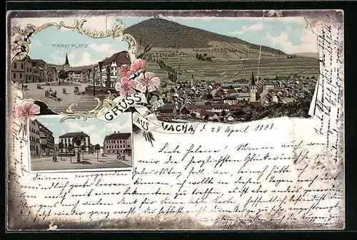 Lithographie Vacha, Totalansicht mit Marktplatz, Neujahrsgruss