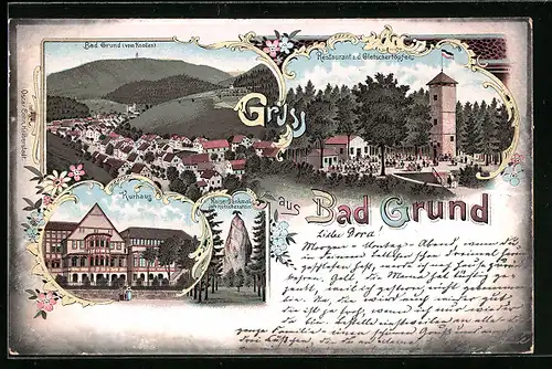 Lithographie Bad Grund, Restaurant z. d. Gletschertöpfen, Kaiserdenkmal am Hübichenstein, Kurhaus, Ortsansicht