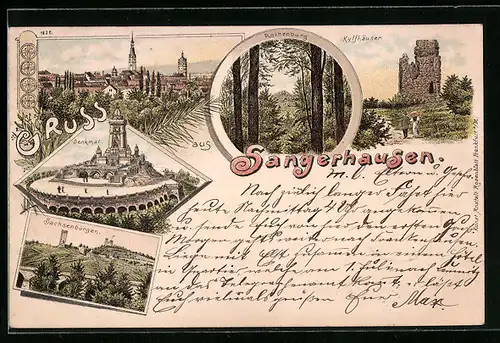 Lithographie Sangerhausen, Kyffhäuser, Denkmal, Rothenburg