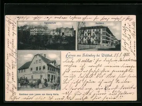 AK Schömberg bei Wildbad, Gasthaus zum Lamm von G. Karle, Sanatorium, Kurhaus