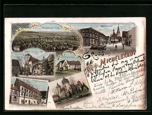 Lithographie Michelstadt, Mädchenpensionat, Marktplatz, Schloss