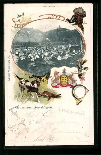 Passepartout-Lithographie Geisslingen, Ortsansicht, Jagdhund mit zur Strecke gebrachtem Kleinwild, Wappen