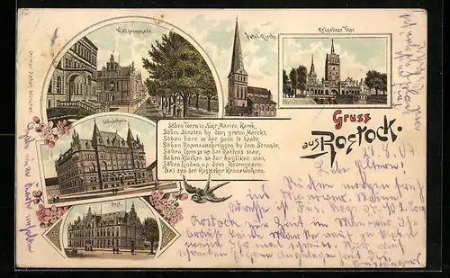 Lithographie Rostock, Kröpeliner Thor, Petri-Kirche, Wallpromenade, Ständehaus, Post