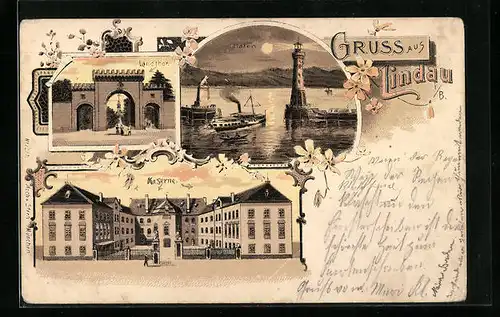 Lithographie Lindau /Bodensee, Landtor, Hafen, Kaserne