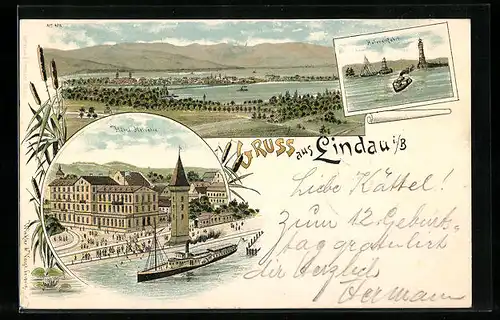 Lithographie Lindau i. B., Hotel Helvetia, Hafeneinfahrt, Ortsansicht aus der Vogelschau
