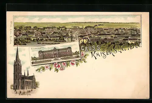 Lithographie Kaiserslautern, Gewerbemuseum, St. Marien Kirche, Ortsansicht aus der Vogelschau