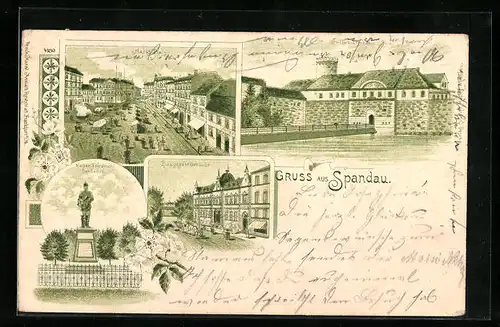 Lithographie Berlin-Spandau, Juliusthurm, Marktplatz, Hauptpost Gebäude, Kaiser Friedrich Denkmal