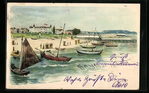 Lithographie Ahlbeck, Strandpartie mit Segelbooten