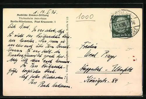 AK Berlin-Nikolassee, Töchterheim Annenhaus d. Mathilde Zimmer-Stiftung, Paul Krausestr. 1