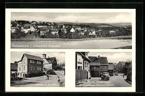 AK Hummetroth i. Odenwald, Partie a. d. Schule, Dorfstrasse m. Geschäftshaus Michael Deitrich, Teilansicht