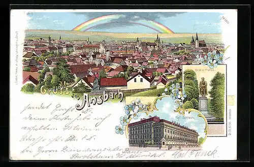 Lithographie Ansbach, Kgl. Schloss, Graf v. Platen, Ortsansicht aus der Vogelschau, Regenbogen