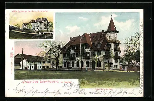 AK Ebenhausen, Gasthof zur Post, Villa Sauer und Schloss Rambaldi