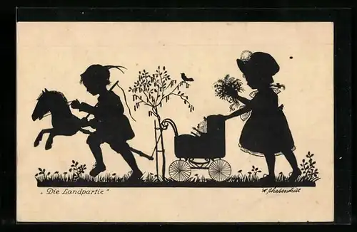 Künstler-AK Die Landpartie, Kinder mit Steckenpferd und Puppenwagen, Scherenschnitt