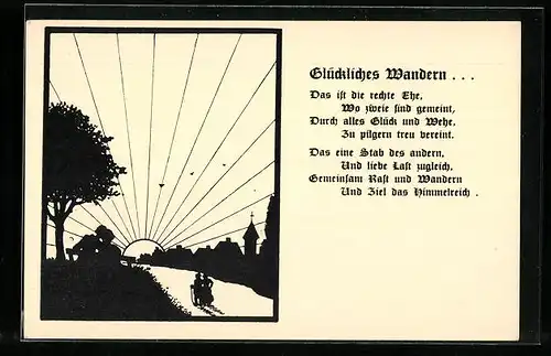 AK Glückliches Wandern bei Sonnenaufgang, Scherenschnitt