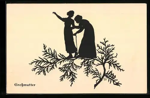 AK Grossmutter und Enkelin, Scherenschnitt