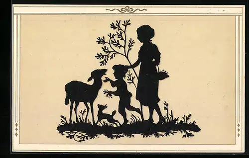 AK Mutter, Kind u. Schaf, Scherenschnitt