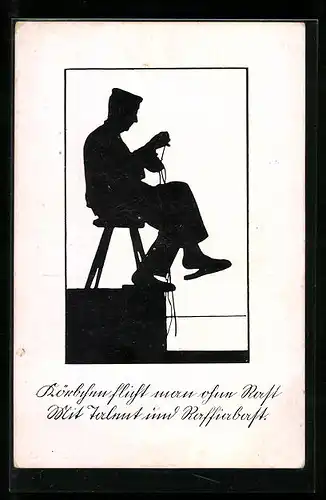 AK Mann bei der Handarbeit, Scherenschnitt