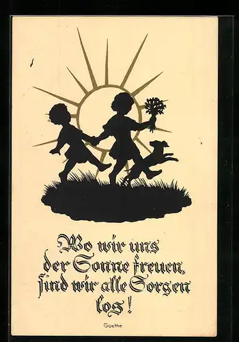 AK fröhliche Kinder mit Hund tanzen in der Sonne, Scherenschnitt