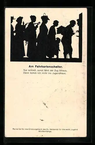 AK Scherenschnitt, Schlange am Fahrkartenschalter