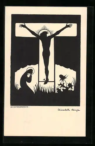 AK Scherenschnitt, Betende Maria vor Jesus am Kreuz