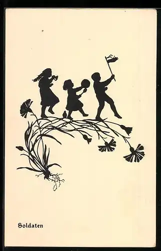 AK Scherenschnitt, Soldaten, Kinder mit Fahne auf Blumen
