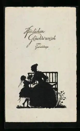 AK Scherenschnitt, Mädchen mit Blumen für Frau, Geburtstagsgruss