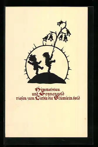 AK Scherenschnitt, Kinderpaar mit Blumen vor Sonne