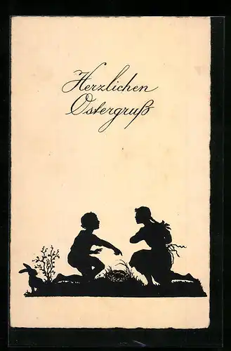 AK Scherenschnitt, Junge und Mädchen am Osterkorb, Ostergruss