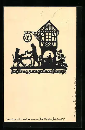 AK Mann im Garten des Gasthauses, Scherenschnitt