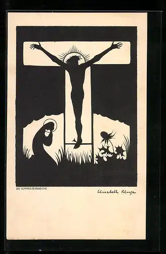 AK Scherenschnitt, Betende Maria vor Jesus am Kreuz