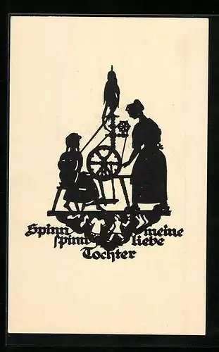 AK Scherenschnitt, Mutter mit Tochter am Spinnrad