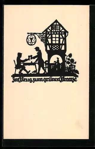 AK Scherenschnitt, Männer im Gasthaus Krug zum grünen Kranze