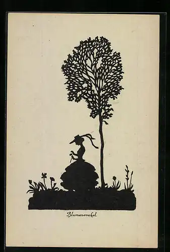 AK Scherenschnitt, Blumenorakel, Frau an einem Baum