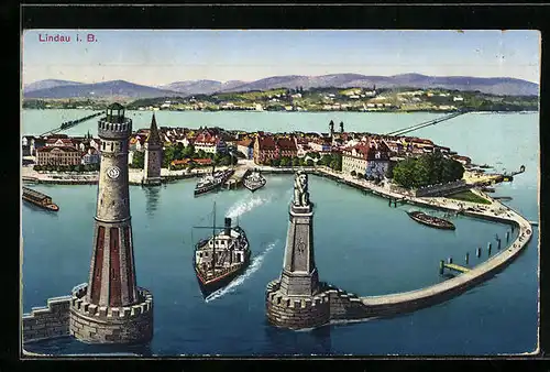 AK Lindau i. B., Hafeneinfahrt und Leuchtturm