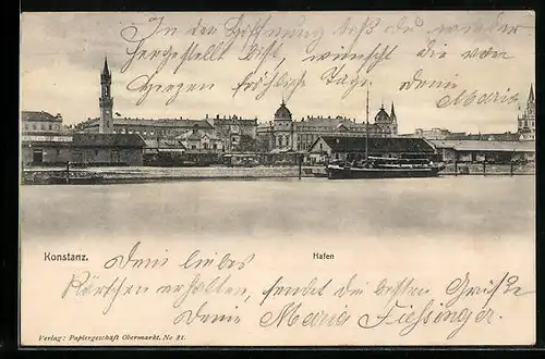 AK Konstanz, Hafen mit Panorama der Stadt