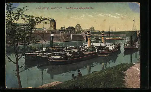 AK Duisburg-Ruhrort, Hafen mit Rheinbrücke u. Dampfer