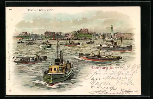 Lithographie Hamburg, Blick von Steinwärder auf den Hafen