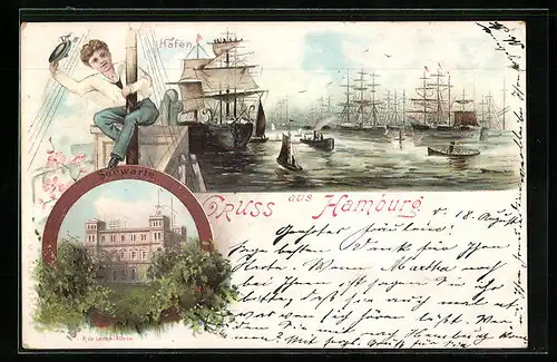 Lithographie Hamburg, Hafen, Seewarte, Matrose auf einem Segelmast