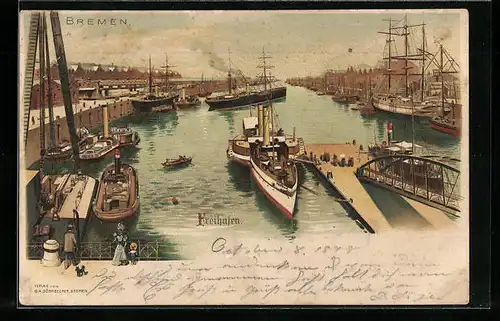 Lithographie Bremen, Freihafen mit Bootspartie