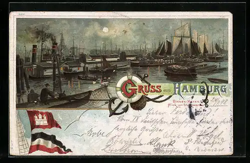 Lithographie Hamburg, Binnen-Hafen von Steinwerder aus gesehen