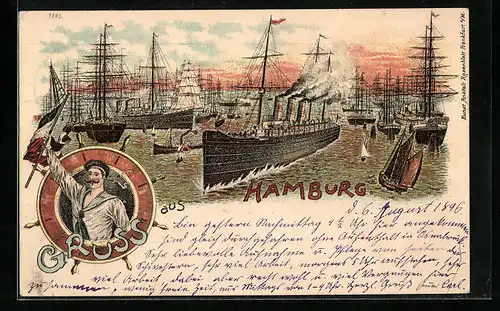 Lithographie Hamburg, Gruss mit Hafenansicht