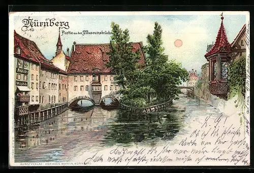 Lithographie Nürnberg, Partie an der Museumsbrücke, Halt gegen das Licht