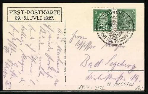 AK Ganzsache PP101C5 /01: Marburg, Vierhundert Jahre Philipps-Universität 1927, Totalansicht