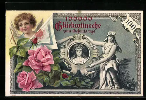 Lithographie Glückwünsche auf Geldschein mit Rosen und Engel